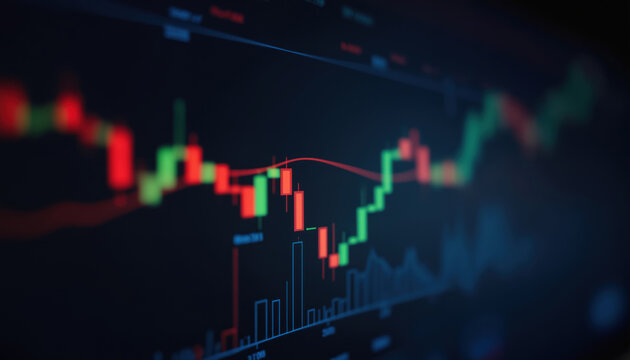 Close-Up of Stock Market Chart with Red Candlestick Patterns: A close-up of a stock market chart displaying red candlestick patterns, symbolizing market decline and financial risk.
