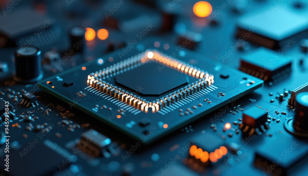 Poster processor with connected circuitry: a processor with connected circuitry on a blue background, repre