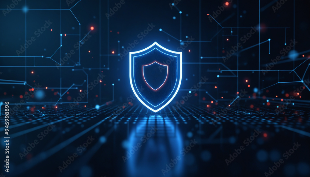 Poster shield icon with network security: a shield icon integrated within a digital network, symbolizing pr