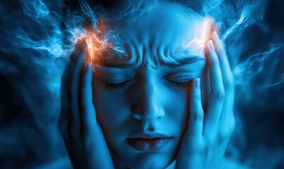 A woman experiences a headache with her eyes closed, conveying discomfort and frustration. The background is dynamic and blurry, enhancing the sense of motion and emotional intensity