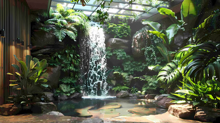 Obraz premium Luxurious waterfall garden inside the house,16K,photostock style