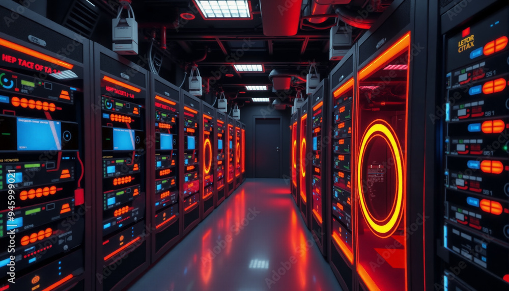 Poster the image shows a long corridor in a data center with red and blue lights, rows of servers, and a fu
