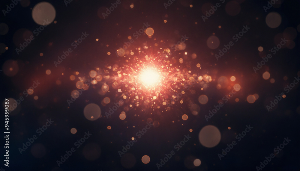 Poster a dark background with a bright light in the center surrounded by golden bokeh lights. this image re