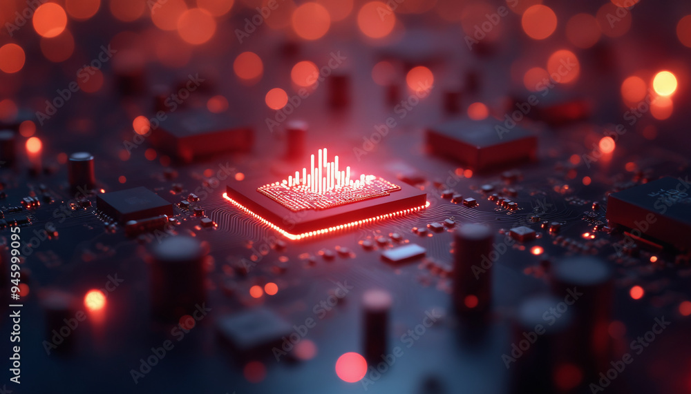 Poster a red circuit board with a glowing microchip in the center, surrounded by components in a dark, drea