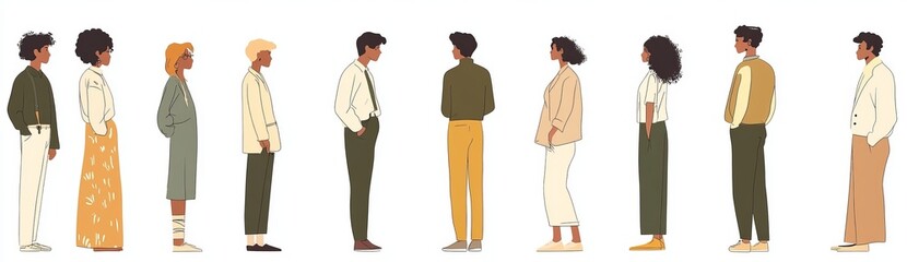 Obraz premium Image of diverse people standing in line, facing the same direction, holding hands with each other's shoulders