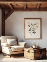 Charming farmhouse living room featuring wooden ceiling beams plush armchair vintage trunk coffee table and simple wooden frame with botanical art all bathed in natural daylight from a 3D rendering