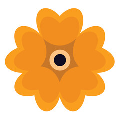 A stylized orange flower with five heart-shaped petals and a dark blue center. Floral and decorative design illustration