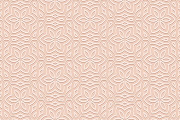 Embossed pink background, tribal cover design, banner. Geometric floral 3D pattern, embossing. Ornaments, handmade, boho style. Ethnicity of the East, Asia, India, Mexico, Aztec, Peru.