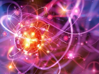 Fototapeta premium Glowing Atomic Structure with Electron Orbits and Quantum Interactions Depicted in a Vibrant Pink and Red Color Scheme