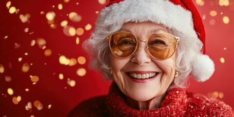 An elderly woman joyfully smiles while wearing a Santa hat and golden sunglasses as golden confetti falls around her, capturing the holiday spirit and festive cheer