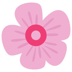 A simple, stylized pink flower with five rounded petals and a large, concentric circle center in shades of pink and red. Floral and decorative design illustration