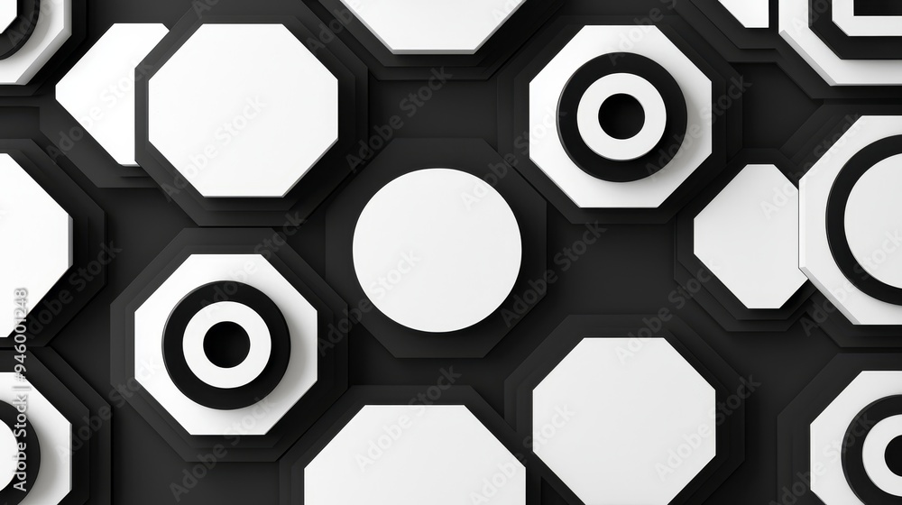 Poster a pattern of geometric hexagons and circles, creating a modern, minimalist design