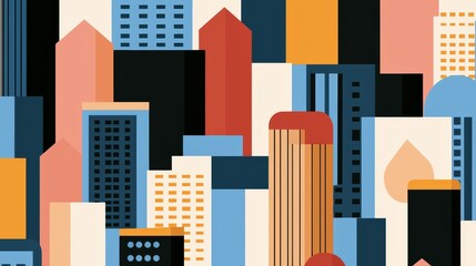 A pattern of abstract cityscapes with stylized buildings and streets, arranged in a grid