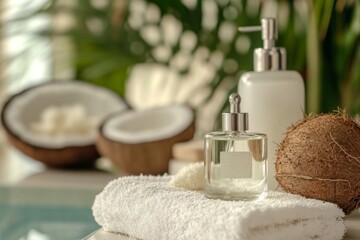 A bottle of coconut oil and a lotion dispenser on a white towel, set against a tropical backdrop with halved coconuts and green leaves, evoking a serene spa-like experience.