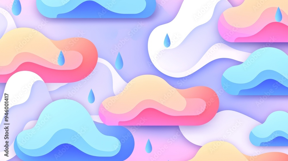 Poster a pattern of stylized clouds and raindrops, with soft gradients and gentle curves