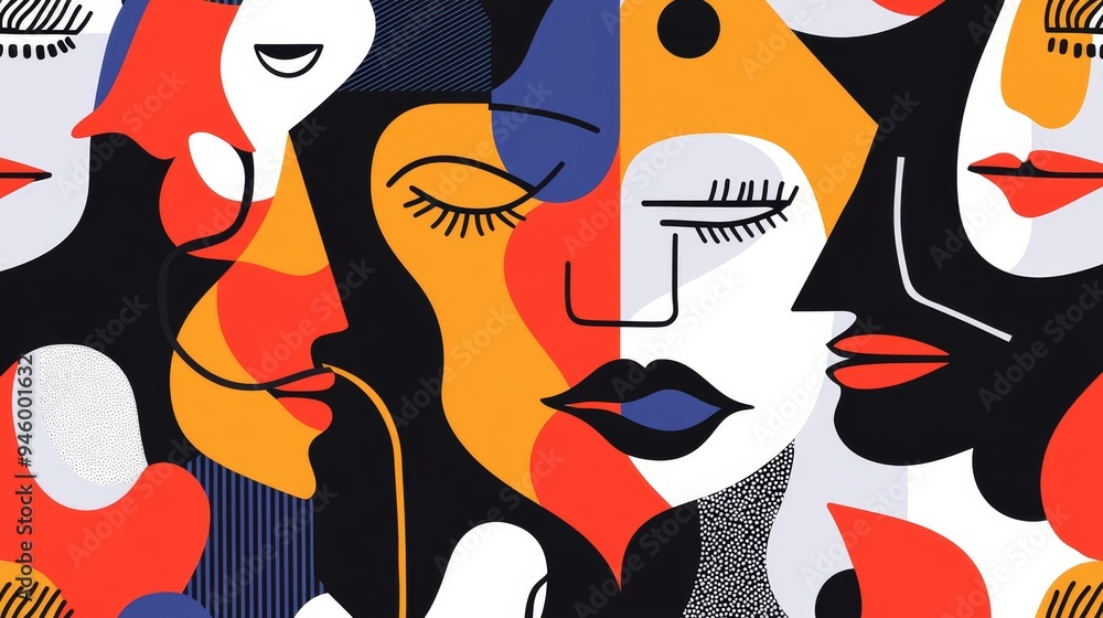 Poster a pattern of abstract faces and masks, with bold lines and expressive features