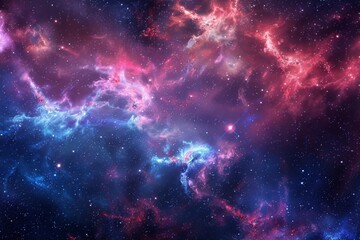 A vibrant cosmic scene showcasing a nebula filled with brilliant pink and blue colors, contrasting against the vast, dark background of deep space, illustrating cosmic beauty.