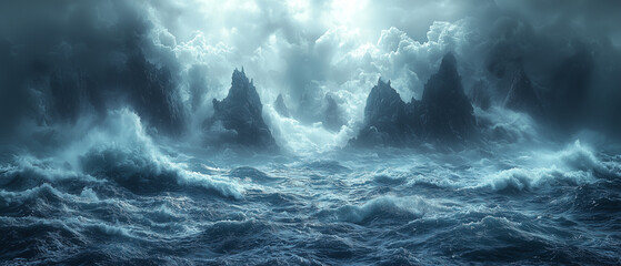 Fototapeta premium A cinematic view of a stormy ocean, with towering waves crashing against rocky cliffs under a dark, cloudy sky.