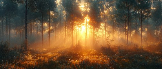 A cinematic shot of a misty forest at dawn, with sunlight filtering through the trees, creating a serene and mystical background.