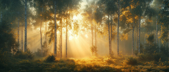 A cinematic shot of a misty forest at dawn, with sunlight filtering through the trees, creating a serene and mystical background.