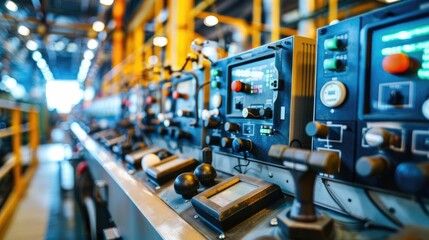 Control panel with digital displays and switches in a factory