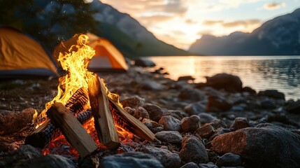 Fototapeta premium A vibrant campfire crackling with an orange glow, surrounded by tents under the soothing evening sky with a captivating sunset in the background, creating a warm, inviting scene