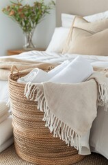 Cozy Bedroom With Laundry Basket by Bed in Modern Apartment Setting