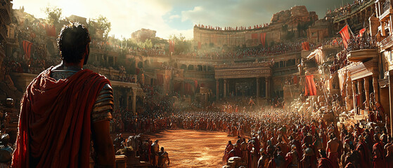 A cinematic view of a gladiator arena, with spectators filling the stands, under a clear blue sky, capturing the tension before battle.