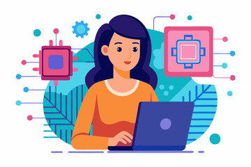 Working with AI artificial intelligence, technology helping or support success work, AI prompt engineer or robot assistance concept, woman work with computer laptop on AI artificial intelligence chip.