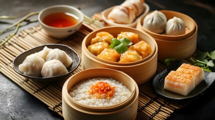 A diverse Asian breakfast set with dim sum, steamed buns, and a bowl of congee, served with tea on a bamboo mat. The dishes are artfully presented, highlighting the textures and flavors.