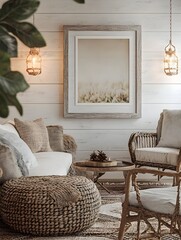 Charming Vintage Inspired Farmhouse Style Living Room with Whitewashed Shiplap Walls Woven Accents and Warm Lighting in 3D Visualization
