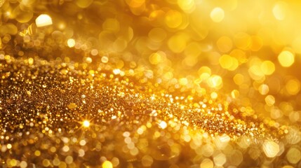Gold blurry defocused sparkle glitter gold bokeh background wallpaper with copy space. Gold Christmas glitter design background. Magic artistic shiny golden circle bokeh.