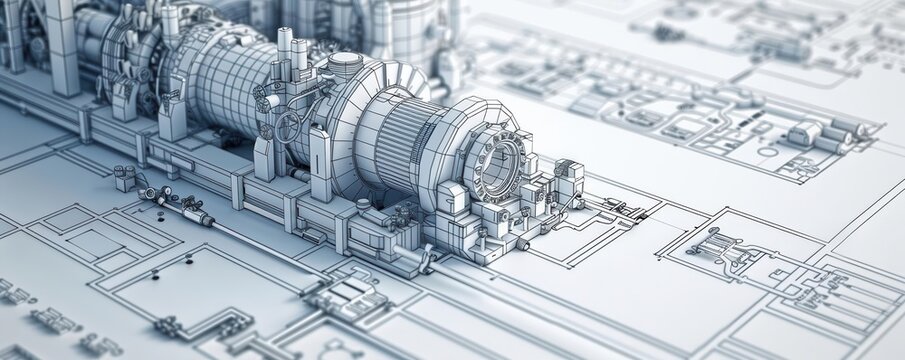 Factory extruder machine in wireframe, showcasing parts layout
