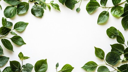 Green Leaves Frame on White Background Top View