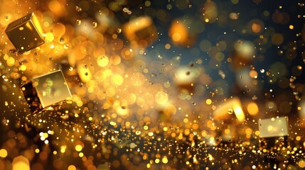 Obraz premium Gold blurry defocused sparkle glitter gold bokeh background wallpaper with copy space. Gold Christmas glitter design background. Magic artistic shiny golden circle bokeh.