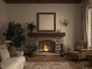 Fototapeta premium Cozy and Charming Farmhouse Inspired 3D Rendered Living Room with Frame Mockup Accent Pieces Stone Fireplace and a Touch of Vintage Decor
