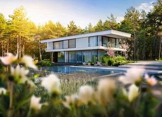 Weisses Einfamilienhaus mit Pool im Sommer