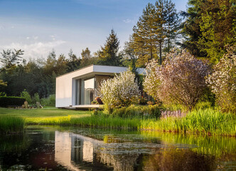 Obraz premium Modernes, weisses, Flachbau Einfamilienhaus an einem See