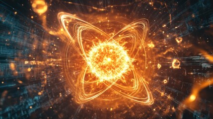 Artistic representation of nuclear fission, illustrating atomic energy with waves of radiation spreading from a central core, surrounded by scientific symbols and glowing effects
