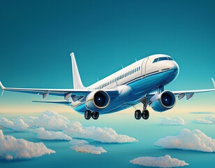 Obraz premium Commercial plane isolated on blue background, white aircraft, Twin-engine jet aircraft, Generative AI