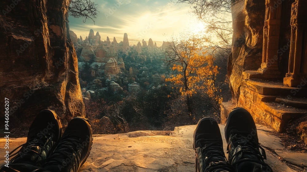 Wall mural scenic image showing two people resting inside a cave, overlooking a stunning sunset view with rocky