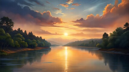 Obraz premium a river with sunset conditions illustration background