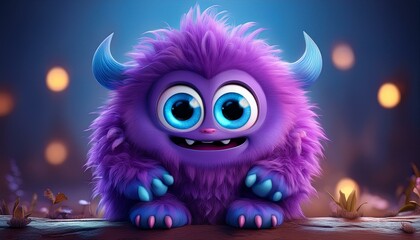 Naklejka premium Cute little monster with purple fur and blue eyes in 3D cartoon style, Generative AI