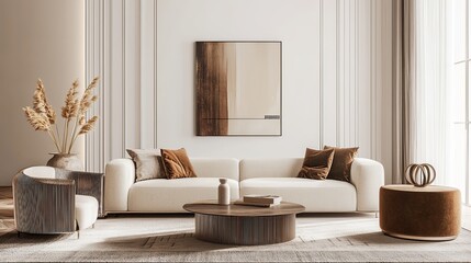 Elegant and Sophisticated Mid Century Modern Living Room Design with a Neutral Color Palette Sleek Furniture and Geometric Decor Accents for a Minimalist High Definition Aesthetic