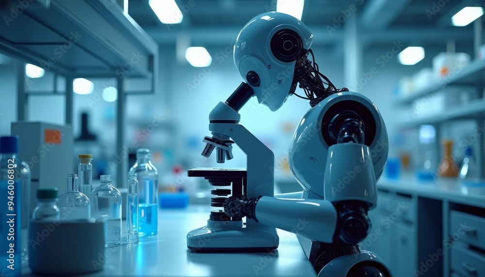 Poster robotic scientist in a lab ready for discovery