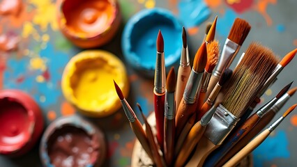 Obraz premium A colorful array of paintbrushes and paint pots on a vibrant backdrop. Ideal for artistic projects, this image captures creativity and the joy of painting with rich hues.
