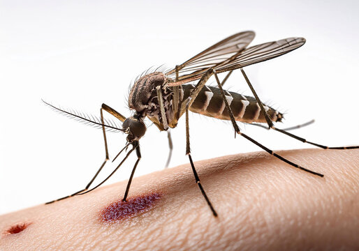 Mosquito-borne virus EEE. A close-up of a mosquito feeding on human skin, with its proboscis deeply embedded in the flesh.