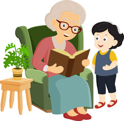 Grandmother and granddaughter read a book together.