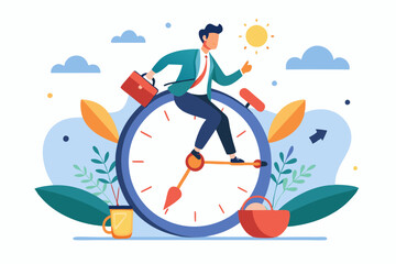 Time management, vision or effort to manage project and foresee problem or opportunity, work deadline or timer countdown, progress or development concept, businessman riding time passing clock.
