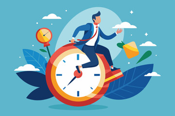 Time management, vision or effort to manage project and foresee problem or opportunity, work deadline or timer countdown, progress or development concept, businessman riding time passing clock.
